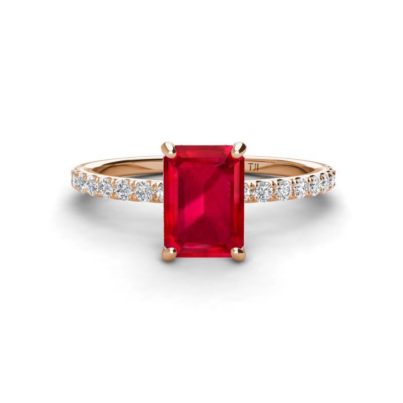 Charlotte Desire 8x6 mm Emerald Cut Ruby and Round Diamond Hidden Halo Engagement Ring 