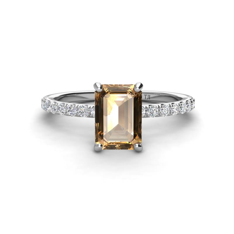 Charlotte Desire 8x6 mm Emerald Cut Smoky Quartz and Round Diamond Hidden Halo Engagement Ring 