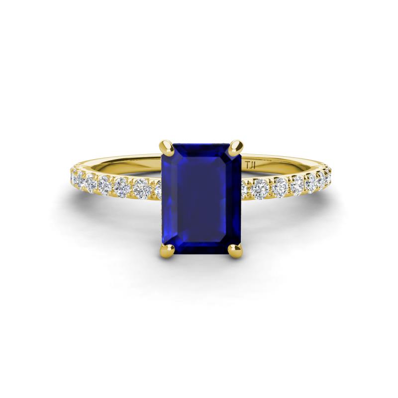 Charlotte Desire 8x6 mm Emerald Cut Blue Sapphire and Round Diamond Hidden Halo Engagement Ring 