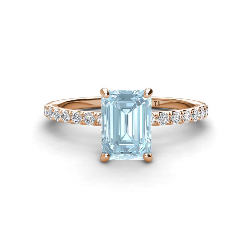 Charlotte Desire 8x6 mm Emerald Cut Aquamarine and Round Diamond Hidden Halo Engagement Ring 