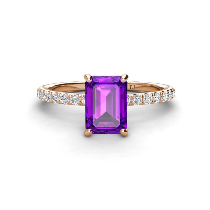 Charlotte Desire 8x6 mm Emerald Cut Amethyst and Round Diamond Hidden Halo Engagement Ring 