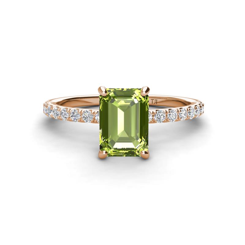 Charlotte Desire 8x6 mm Emerald Cut Peridot and Round Diamond Hidden Halo Engagement Ring 