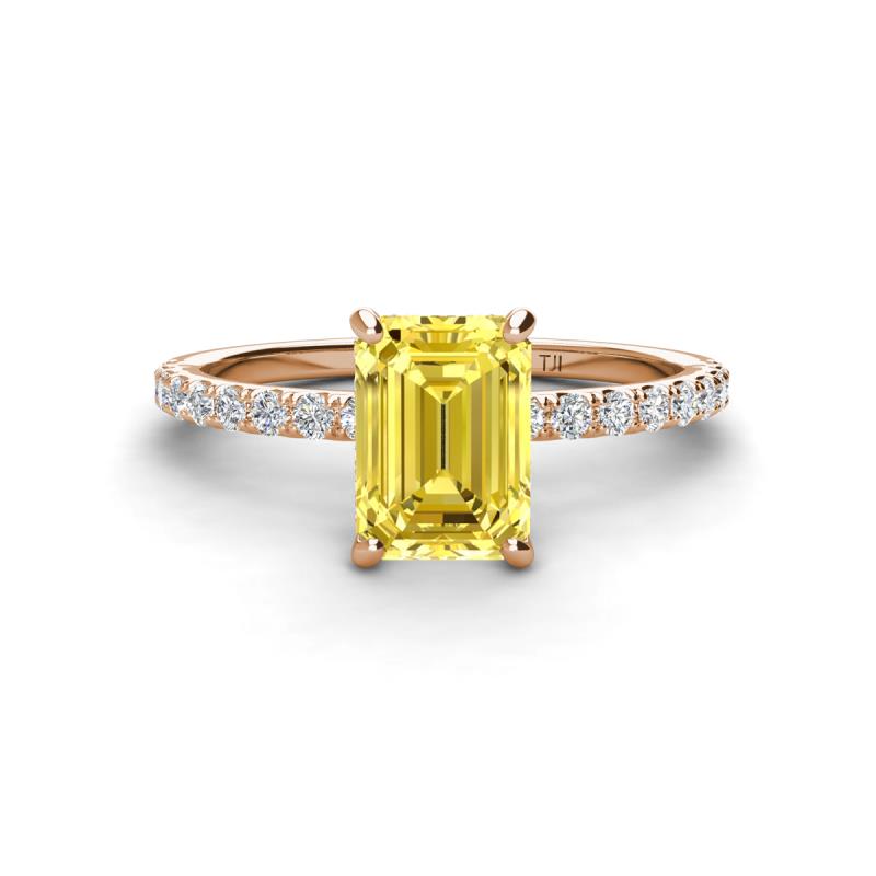 Charlotte Desire 8x6 mm Emerald Cut Yellow Sapphire and Round Diamond Hidden Halo Engagement Ring 
