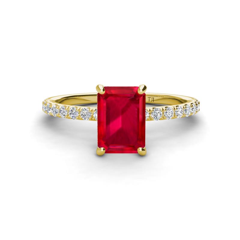 Charlotte Desire 8x6 mm Emerald Cut Ruby and Round Diamond Hidden Halo Engagement Ring 