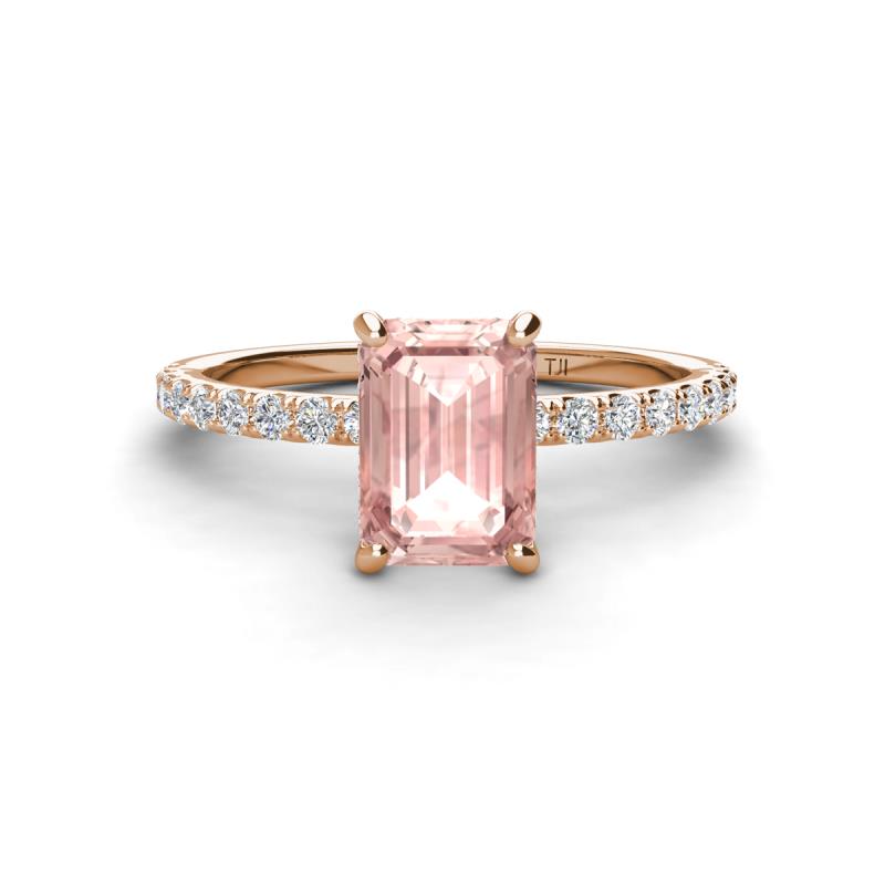 Charlotte Desire 8x6 mm Emerald Cut Morganite and Round Diamond Hidden Halo Engagement Ring 