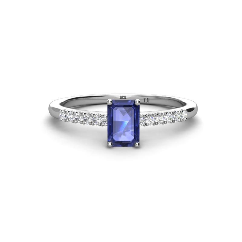 Silvia Desire 6x4 mm Emerald Cut Iolite and Round Diamond Engagement Ring 
