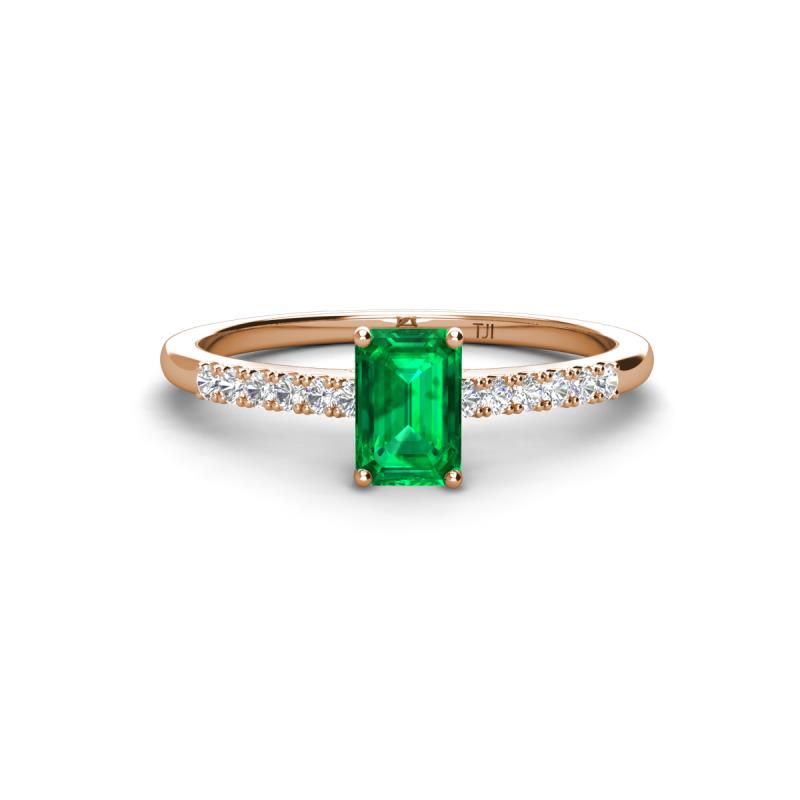 Silvia Desire 6x4 mm Emerald Cut Emerald and Round Diamond Engagement Ring 