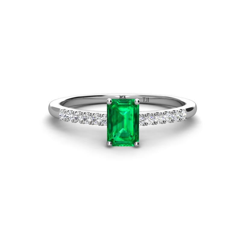 Silvia Desire 6x4 mm Emerald Cut Emerald and Round Diamond Engagement Ring 