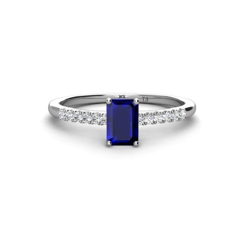 Silvia Desire 6x4 mm Emerald Cut Blue Sapphire and Round Diamond Engagement Ring 