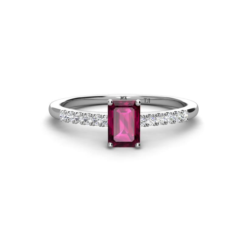 Silvia Desire 6x4 mm Emerald Cut Rhodolite Garnet and Round Diamond Engagement Ring 