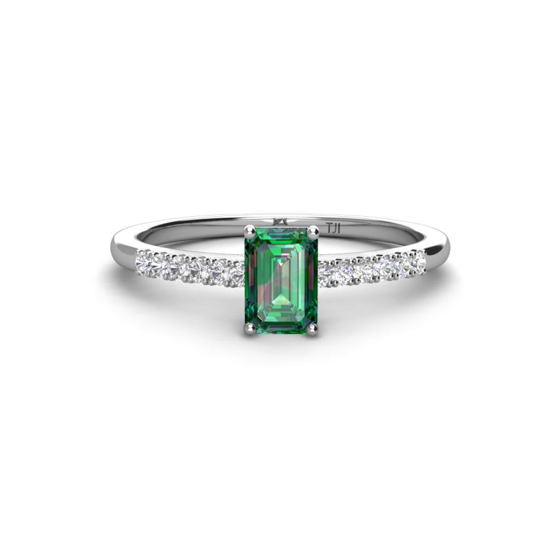 Silvia Desire 6x4 mm Emerald Cut Lab Created Alexandrite and Round Diamond Engagement Ring 