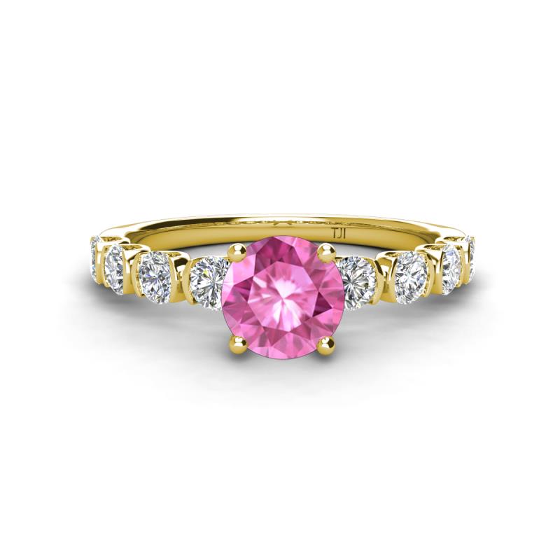 Julian Desire 6.00 mm Round Lab Created Pink Sapphire and Bezel Set Diamond Engagement Ring 