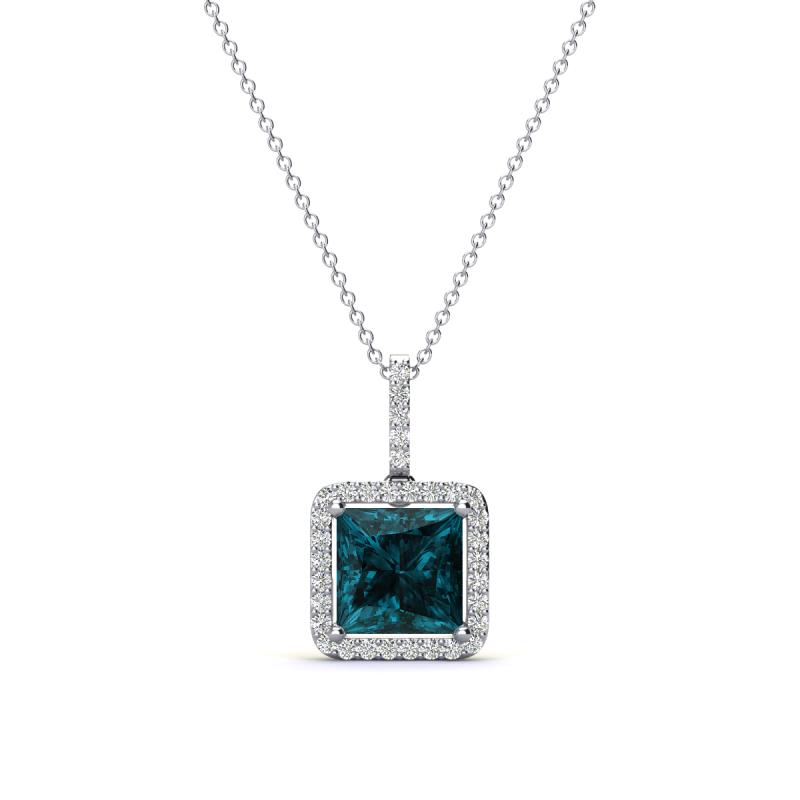 Charlene 6.50 mm Princess Cut London Blue Topaz and Round Diamond Halo Pendant Necklace 