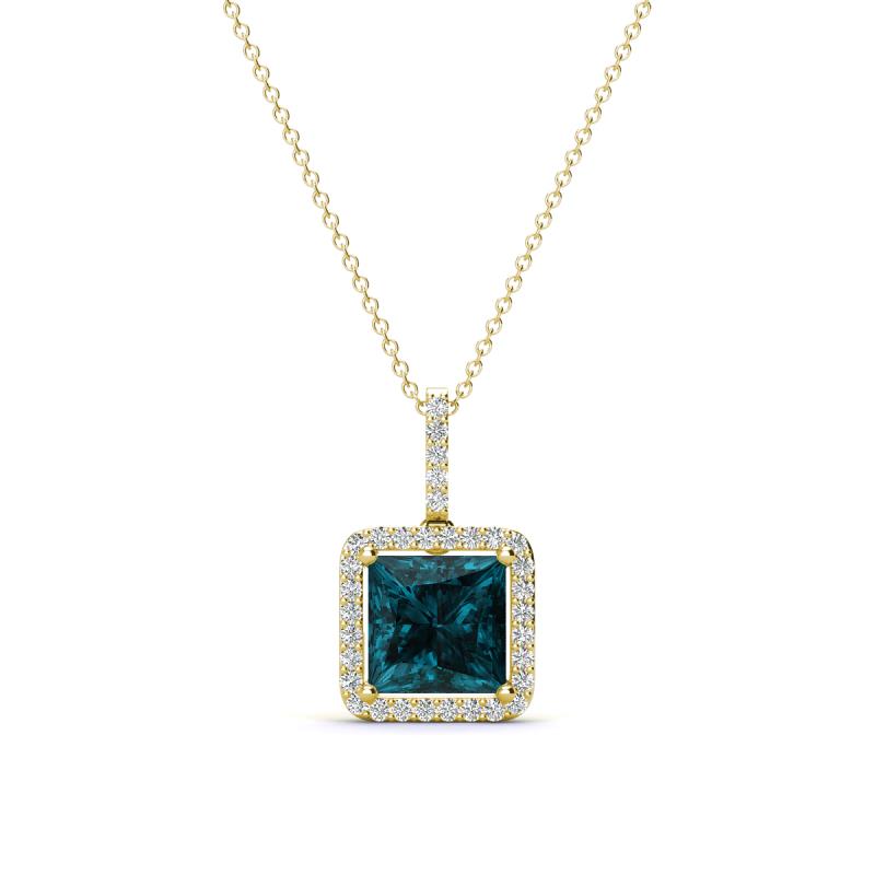 Charlene 6.50 mm Princess Cut London Blue Topaz and Round Diamond Halo Pendant Necklace 