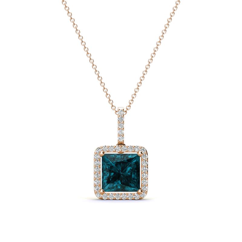 Charlene 6.50 mm Princess Cut London Blue Topaz and Round Diamond Halo Pendant Necklace 