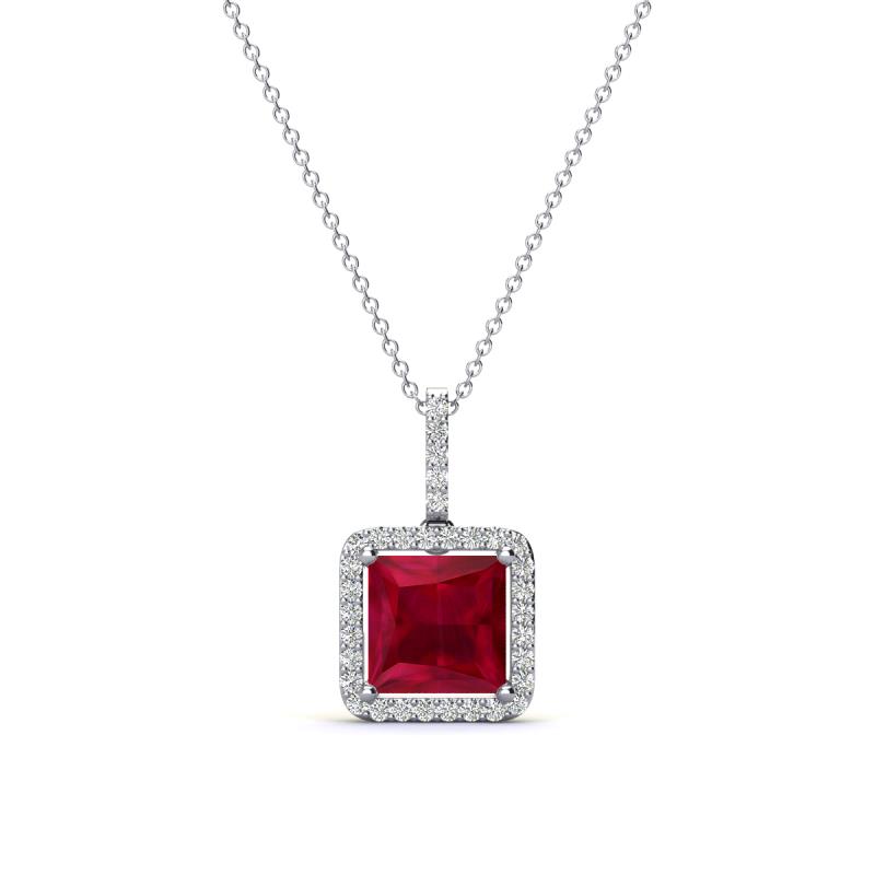 Charlene 6.50 mm Princess Cut Lab Created Ruby and Round Diamond Halo Pendant Necklace 