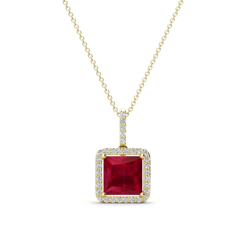 Charlene 6.50 mm Princess Cut Lab Created Ruby and Round Diamond Halo Pendant Necklace 