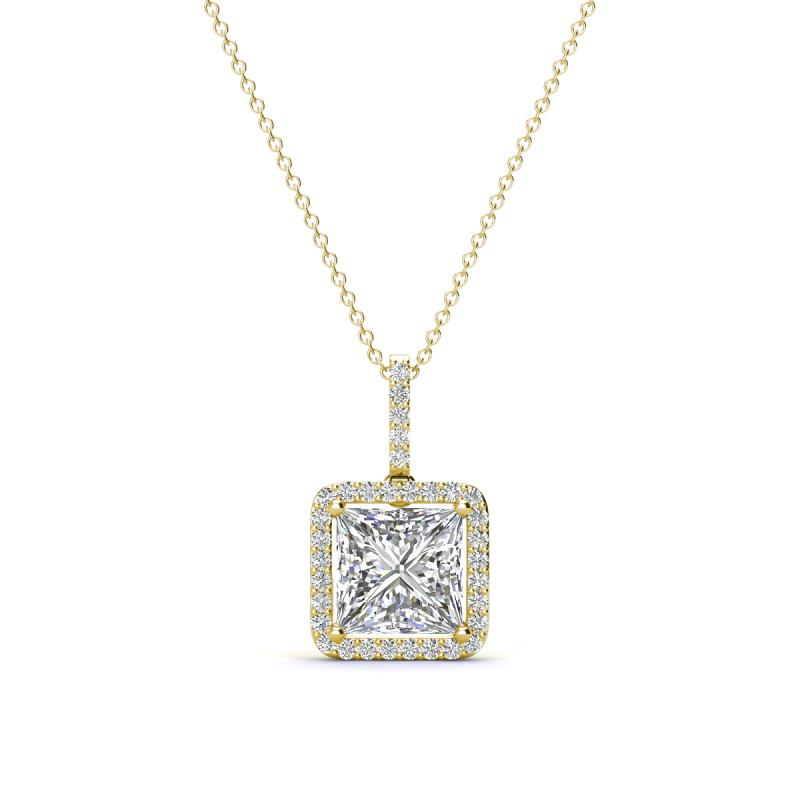 Charlene 6.50 mm Princess Cut Forever Brilliant Moissanite and Round Diamond Halo Pendant Necklace 