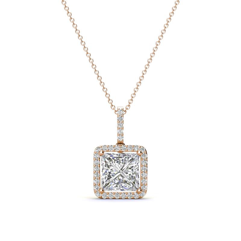 Charlene 6.50 mm Princess Cut Forever Brilliant Moissanite and Round Diamond Halo Pendant Necklace 