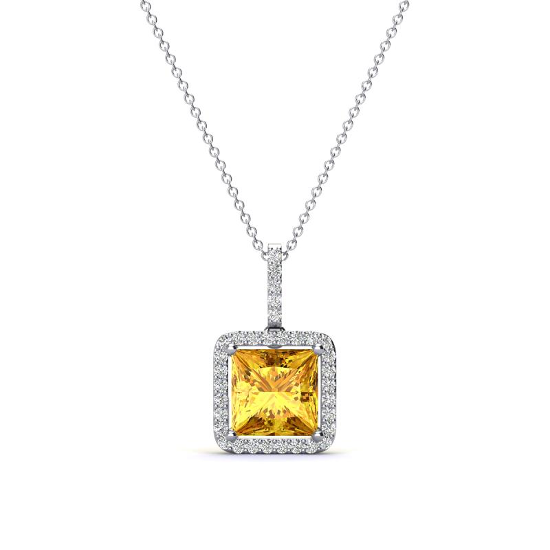Charlene 6.50 mm Princess Cut Citrine and Round Diamond Halo Pendant Necklace 