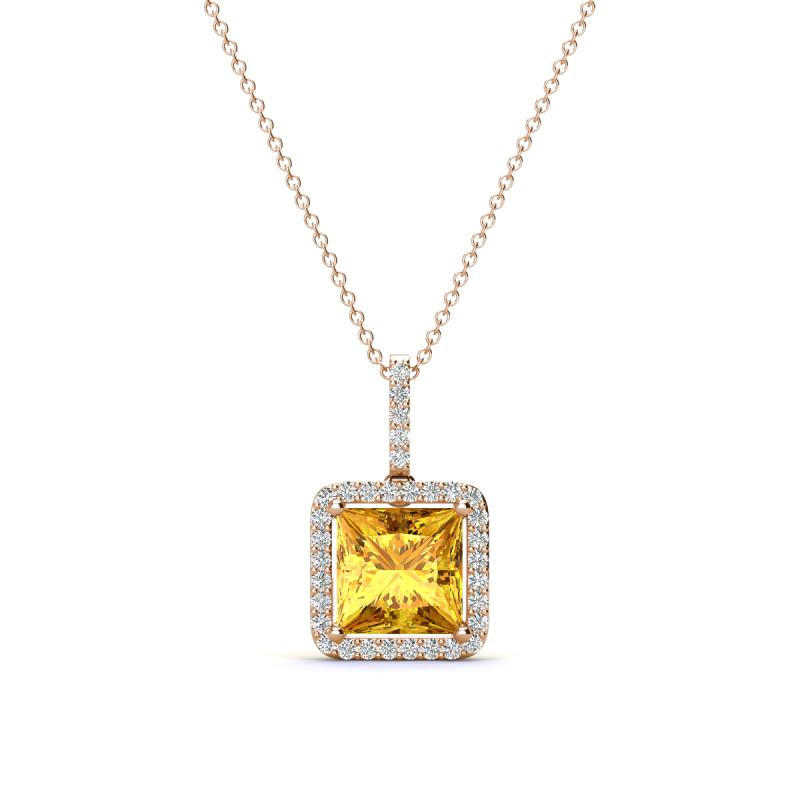 Charlene 6.50 mm Princess Cut Citrine and Round Diamond Halo Pendant Necklace 