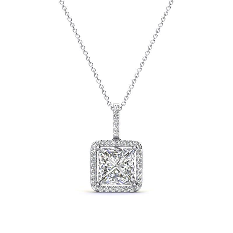 Charlene 6.50 mm Princess Cut Forever Brilliant Moissanite and Round Diamond Halo Pendant Necklace 