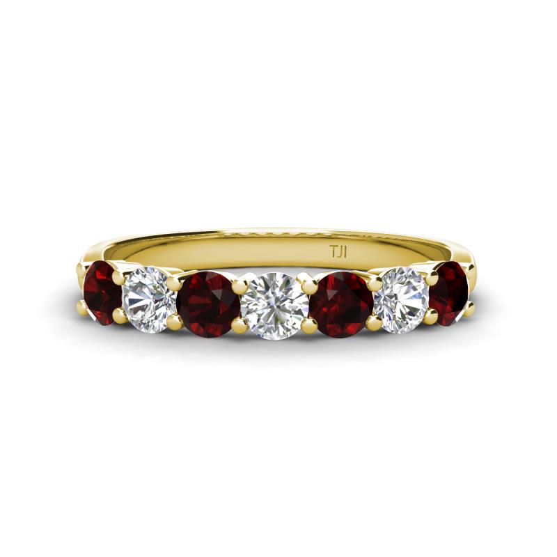Kathleen 3.40 mm Round Red Garnet and Diamond 7 Stone Wedding Band 