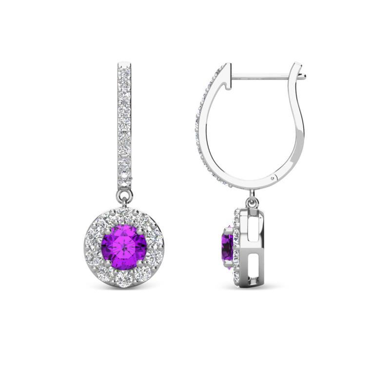Ilona (4mm) Round Amethyst and Diamond Halo Dangling Earrings 