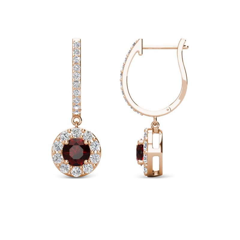 Ilona (4mm) Round Red Garnet and Diamond Halo Dangling Earrings 