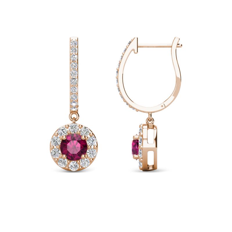 Ilona (4mm) Round Rhodolite Garnet and Diamond Halo Dangling Earrings 