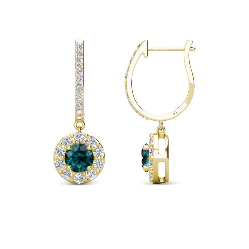 Ilona (4mm) Round London Blue Topaz and Diamond Halo Dangling Earrings 