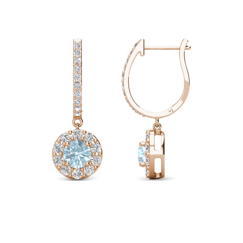 Ilona (4mm) Round Aquamarine and Diamond Halo Dangling Earrings 