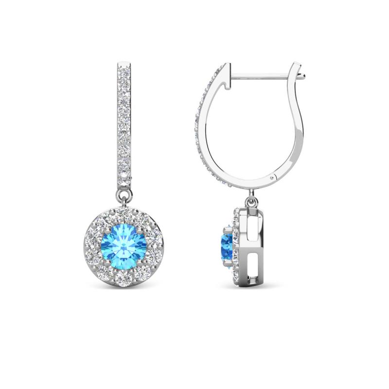 Ilona (4mm) Round Blue Topaz and Diamond Halo Dangling Earrings 