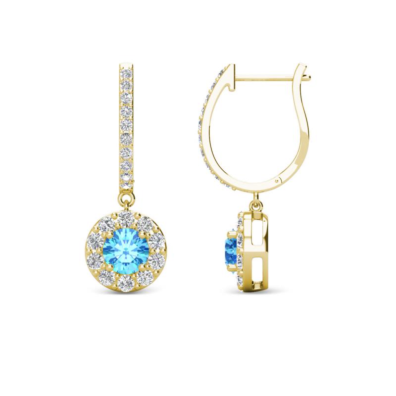 Ilona (4mm) Round Blue Topaz and Diamond Halo Dangling Earrings 