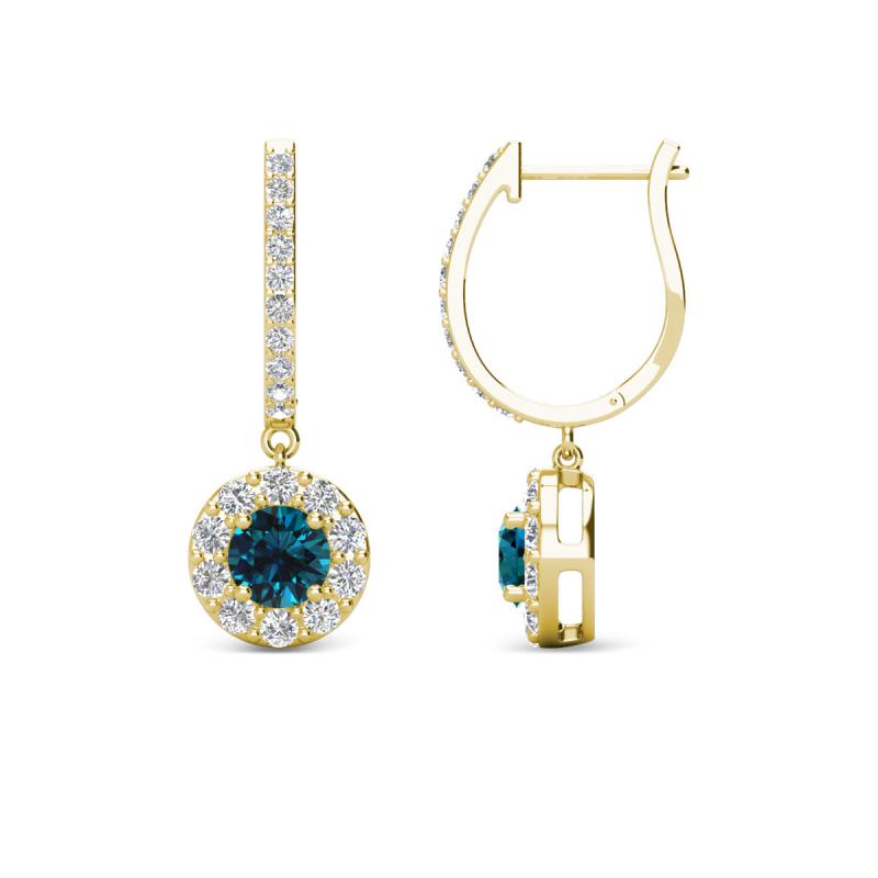 Ilona (4mm) Round Blue and White Diamond Halo Dangling Earrings 