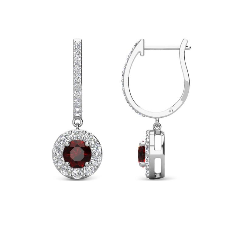 Ilona (4mm) Round Red Garnet and Diamond Halo Dangling Earrings 