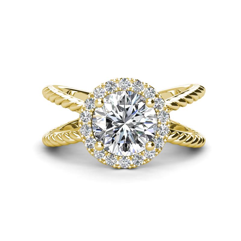 Austyn Desire 3.36 ctw IGI Certified Lab Grown Diamond Round (9.00 mm) & Natural Diamond Round (1.70 mm) Twisted Rope Cross Split Shank Halo Engagement Ring 