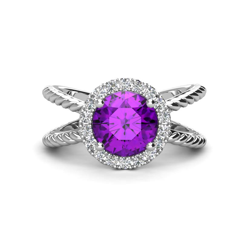 Austyn Desire Round Amethyst and Round Diamond Twisted Rope Cross Split Shank Halo Engagement Ring 