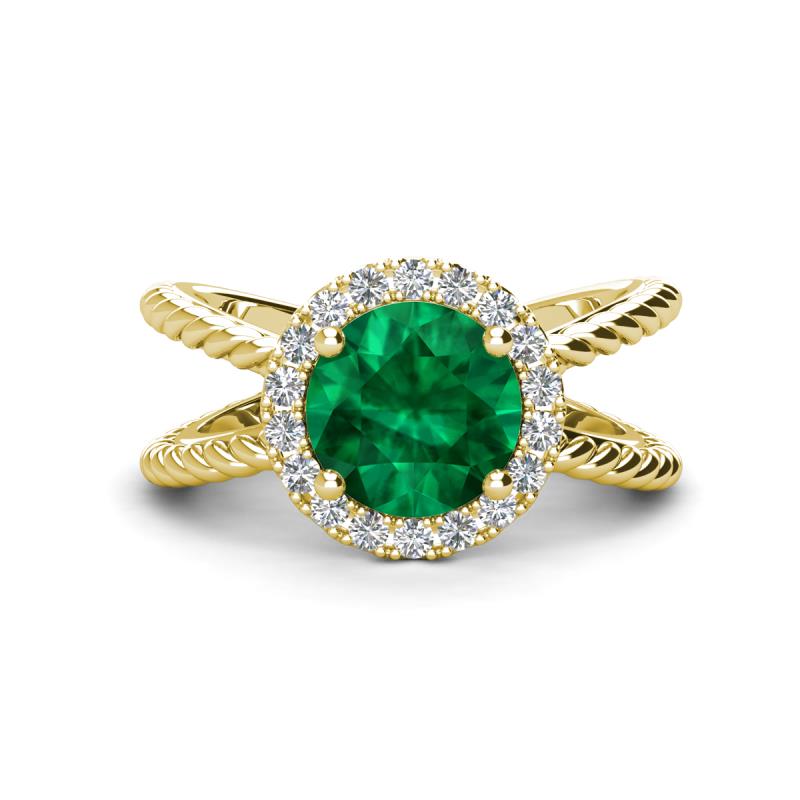 Austyn Desire Round Lab Created Emerald and Round Diamond Twisted Rope Cross Split Shank Halo Engagement Ring 