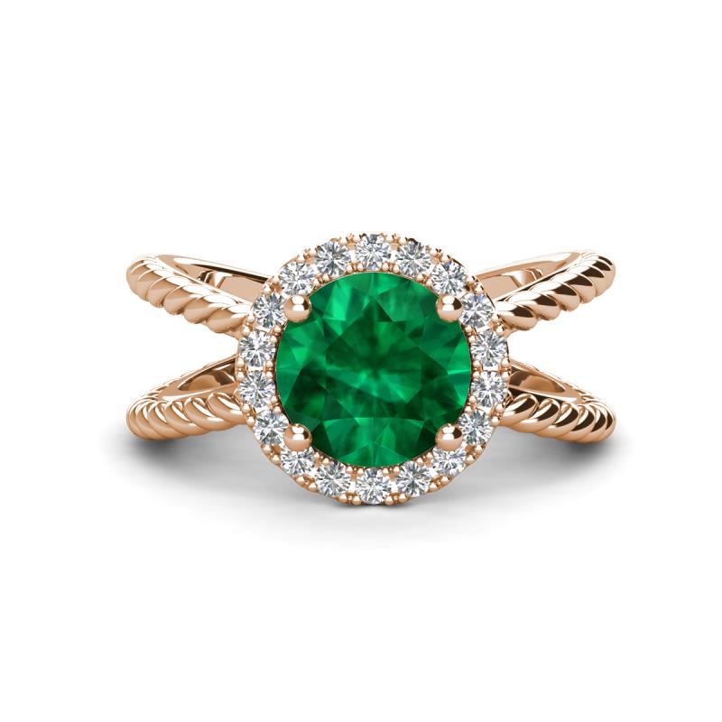 Austyn Desire Round Lab Created Emerald and Round Diamond Twisted Rope Cross Split Shank Halo Engagement Ring 