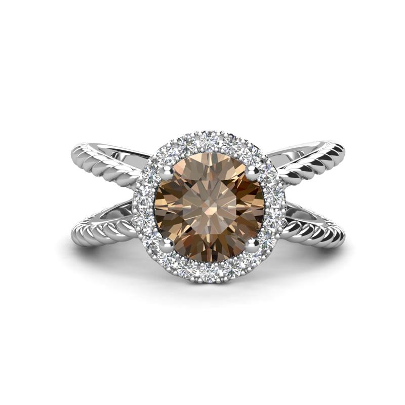 Austyn Desire Round Smoky Quartz and Round Diamond Twisted Rope Cross Split Shank Halo Engagement Ring 