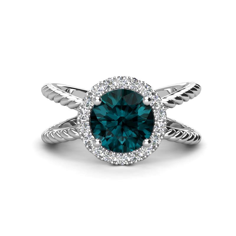Austyn Desire Round London Blue Topaz and Round Diamond Twisted Rope Cross Split Shank Halo Engagement Ring 