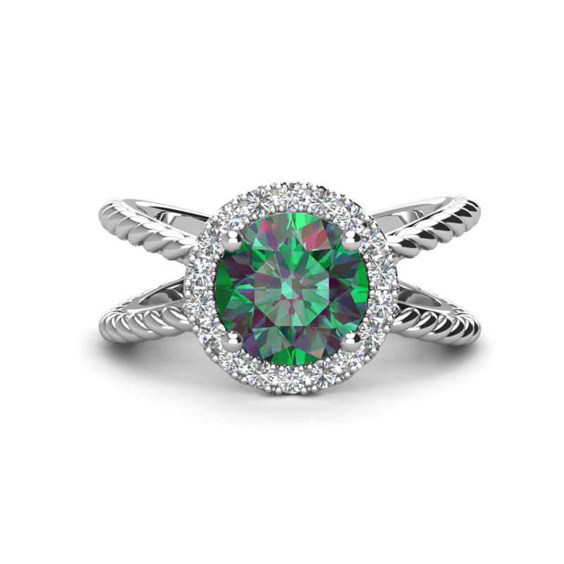 Austyn Desire Round Lab Created Alexandrite and Round Diamond Twisted Rope Cross Split Shank Halo Engagement Ring 