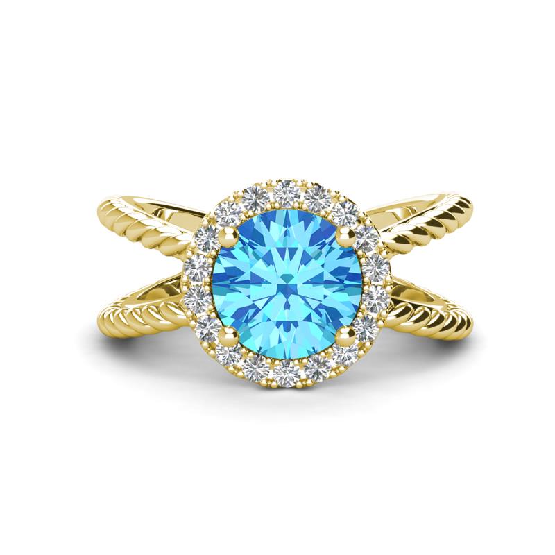 Austyn Desire Round Blue Topaz and Round Diamond Twisted Rope Cross Split Shank Halo Engagement Ring 