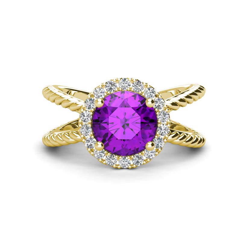 Austyn Desire Round Amethyst and Round Diamond Twisted Rope Cross Split Shank Halo Engagement Ring 