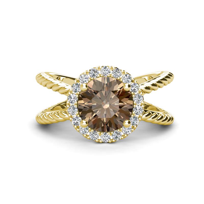 Austyn Desire Round Smoky Quartz and Round Diamond Twisted Rope Cross Split Shank Halo Engagement Ring 