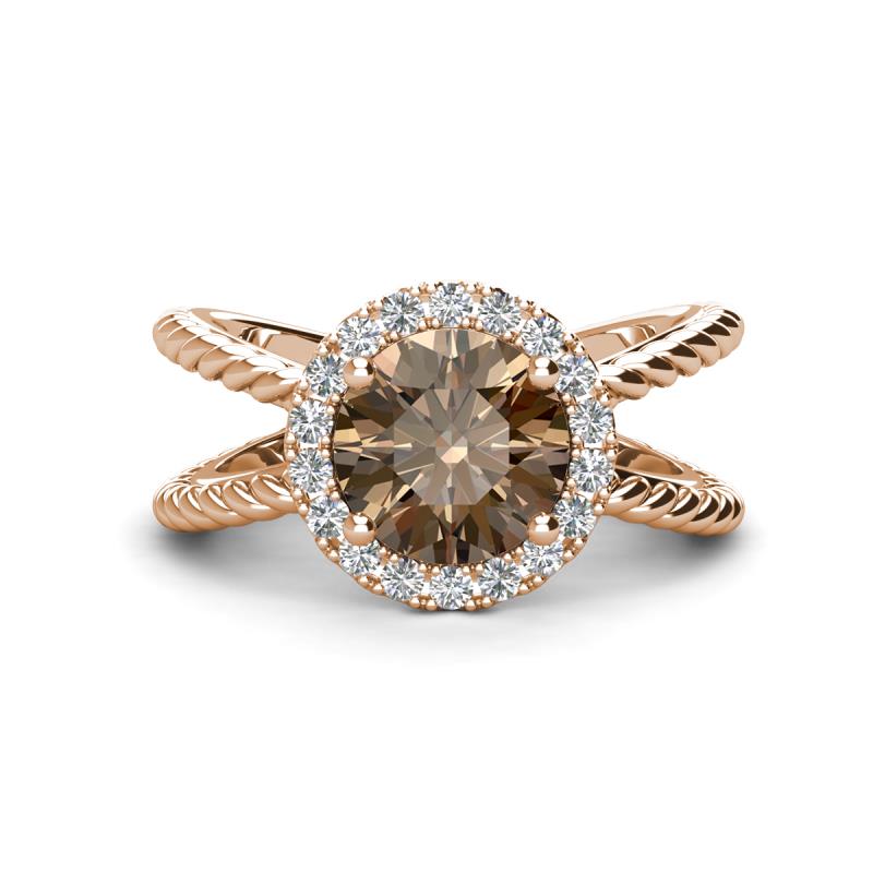 Austyn Desire Round Smoky Quartz and Round Diamond Twisted Rope Cross Split Shank Halo Engagement Ring 