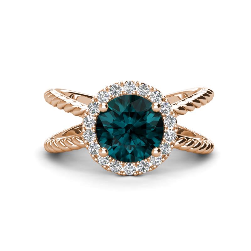 Austyn Desire Round London Blue Topaz and Round Diamond Twisted Rope Cross Split Shank Halo Engagement Ring 