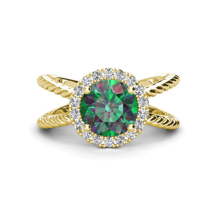 Austyn Desire Round Lab Created Alexandrite and Round Diamond Twisted Rope Cross Split Shank Halo Engagement Ring 