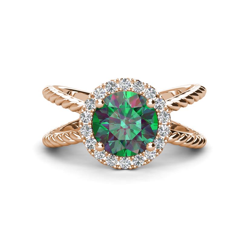 Austyn Desire Round Lab Created Alexandrite and Round Diamond Twisted Rope Cross Split Shank Halo Engagement Ring 